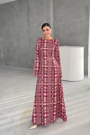 Ekoseli Zincir Kemer Detaylı Maxi Elbise SY-3365-Ekoseli