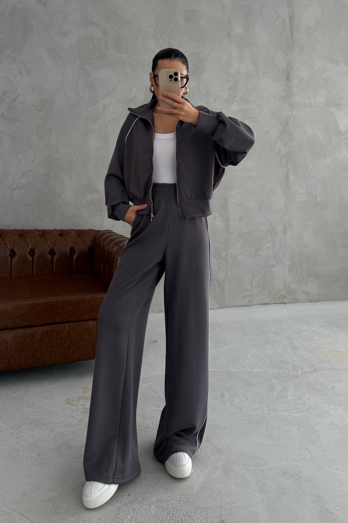 Bol Paça Fermuarlı Modal Eşofman Takım- Füme SY-3422-Füme