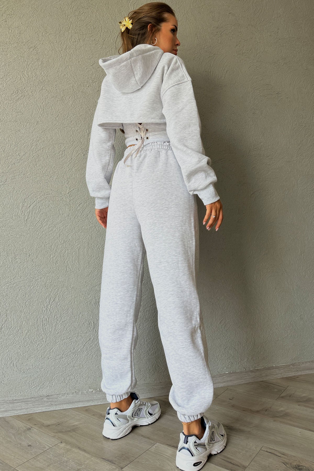 Açık Gri Sweatshirt Crop ve Eşofman Altı Takım SY-0966-Açık Gri