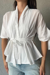 Beyaz Pens Detaylı Vual Kumaş Gömlek (Kemersiz) SY-2850-Beyaz