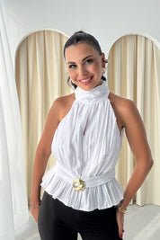 Beyaz Toka Detaylı Halter Yaka Bluz SY-3288-Beyaz