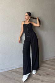 Siyah İnce Askılı İp Bağlama Detaylı Crop Pantolon Takım SY-2361-Siyah