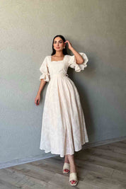 Bej Kolu Lastik Detaylı Güpür Detaylı Brode Elbise SY-2109-Bej