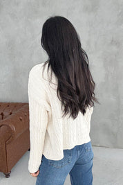 V Yaka Saç Örgü Krem Triko Kazak SY-3407-Krem