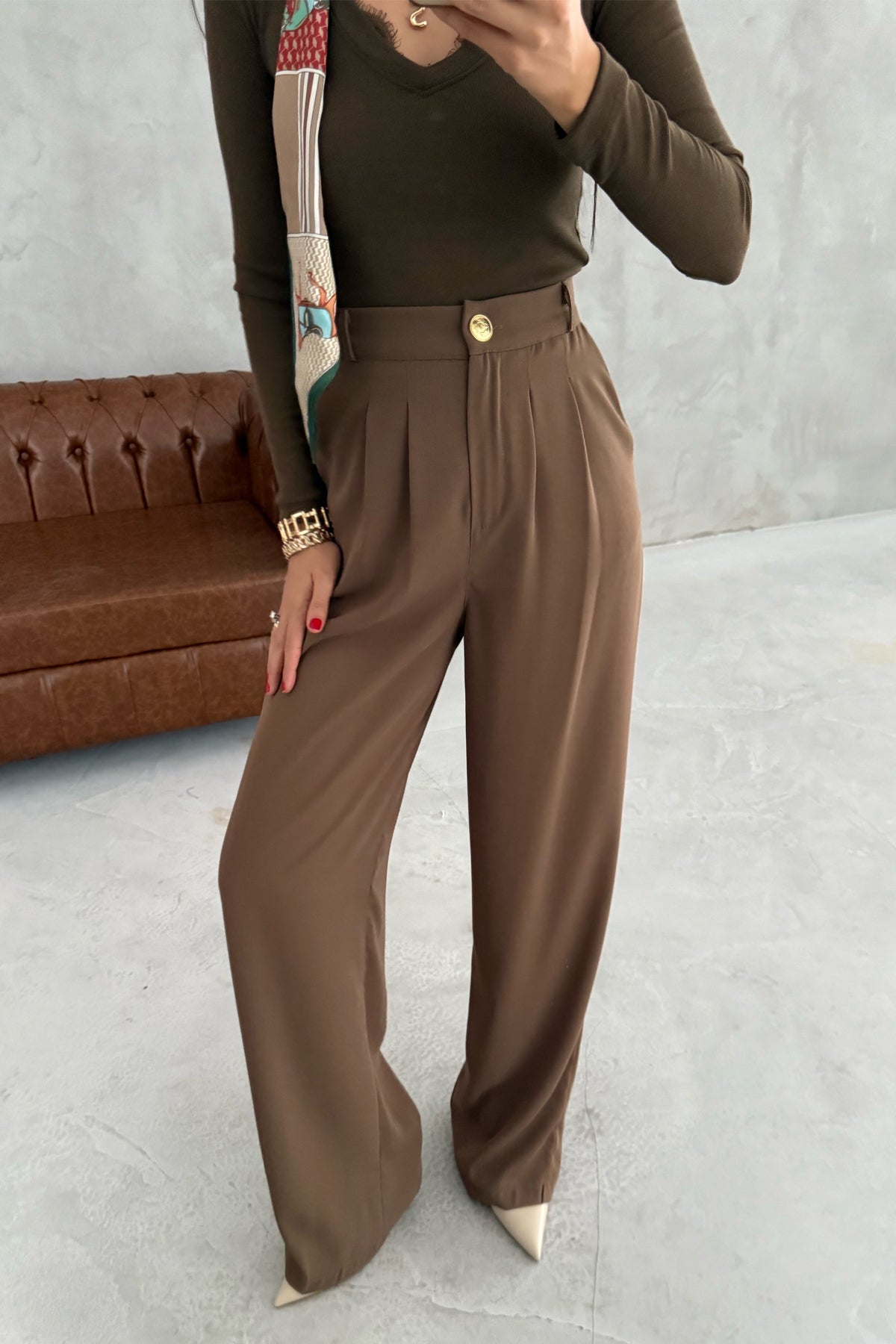 Camel Gold Düğme Detaylı Palazzo Pantolon SY-3424-Camel