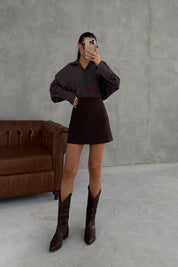 Kahve Arkadan Fermuarlı Klasik Mini Etek SY-3398-Kahve