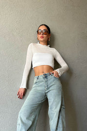 Ekru Uzun Kol Basic Crop Bluz SY-1637-Ekru