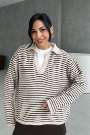 Taş Çizgili Polo Yaka Triko Kazak SY-3415-Taş