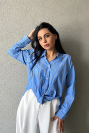 Mavi Çizgili Önü Tasarım Bağlamalı Gömlek SY-2046-Mavi