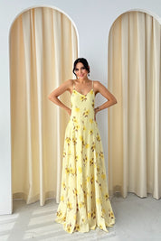 Sarı Çiçekli Askı Detaylı Tayna Elbise SY-3281-Sarı