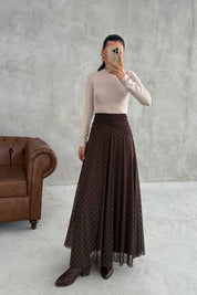 Kahve Büzgülü Flok Baskı Puantiyeli Etek SY-3358-Kahve