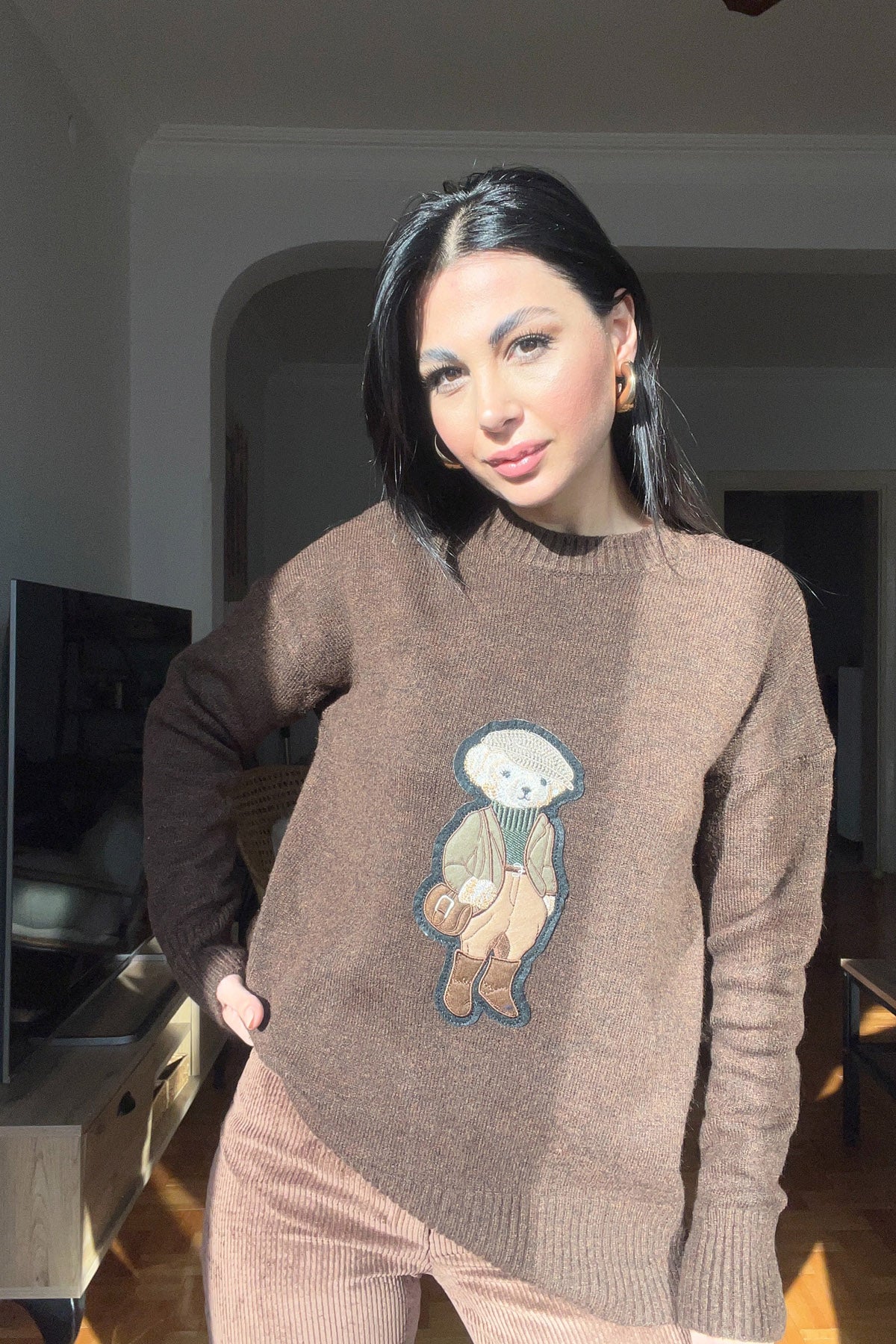 Kahverengi Teddy Bear Nakışlı Triko Kazak SY-2839-Kahverengi