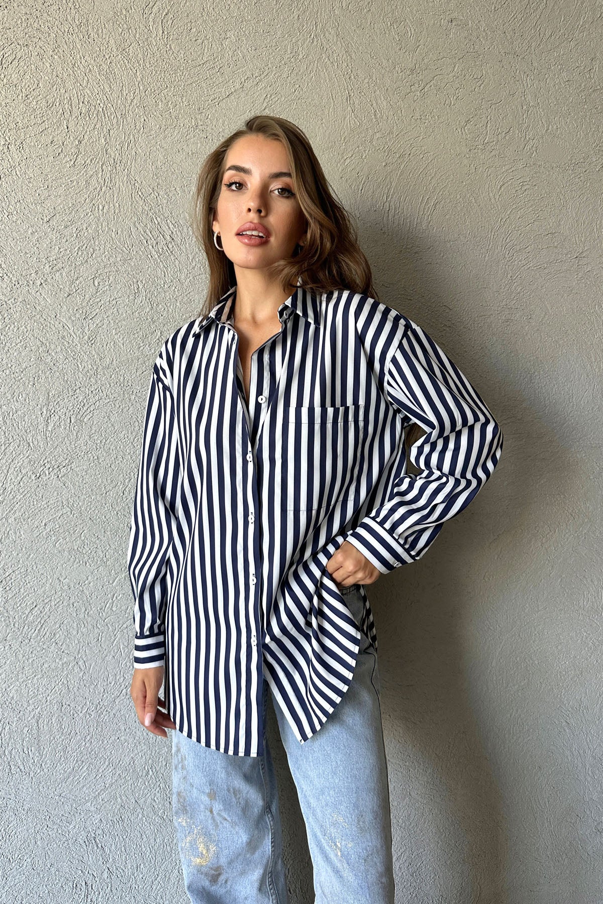 Lacivert Çizgili Oversize Cep Detaylı Gömlek SY-0969-Lacivert