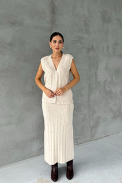 Bej Düğmeli Yelek Çan Etek Triko Takım SY-2492-Bej