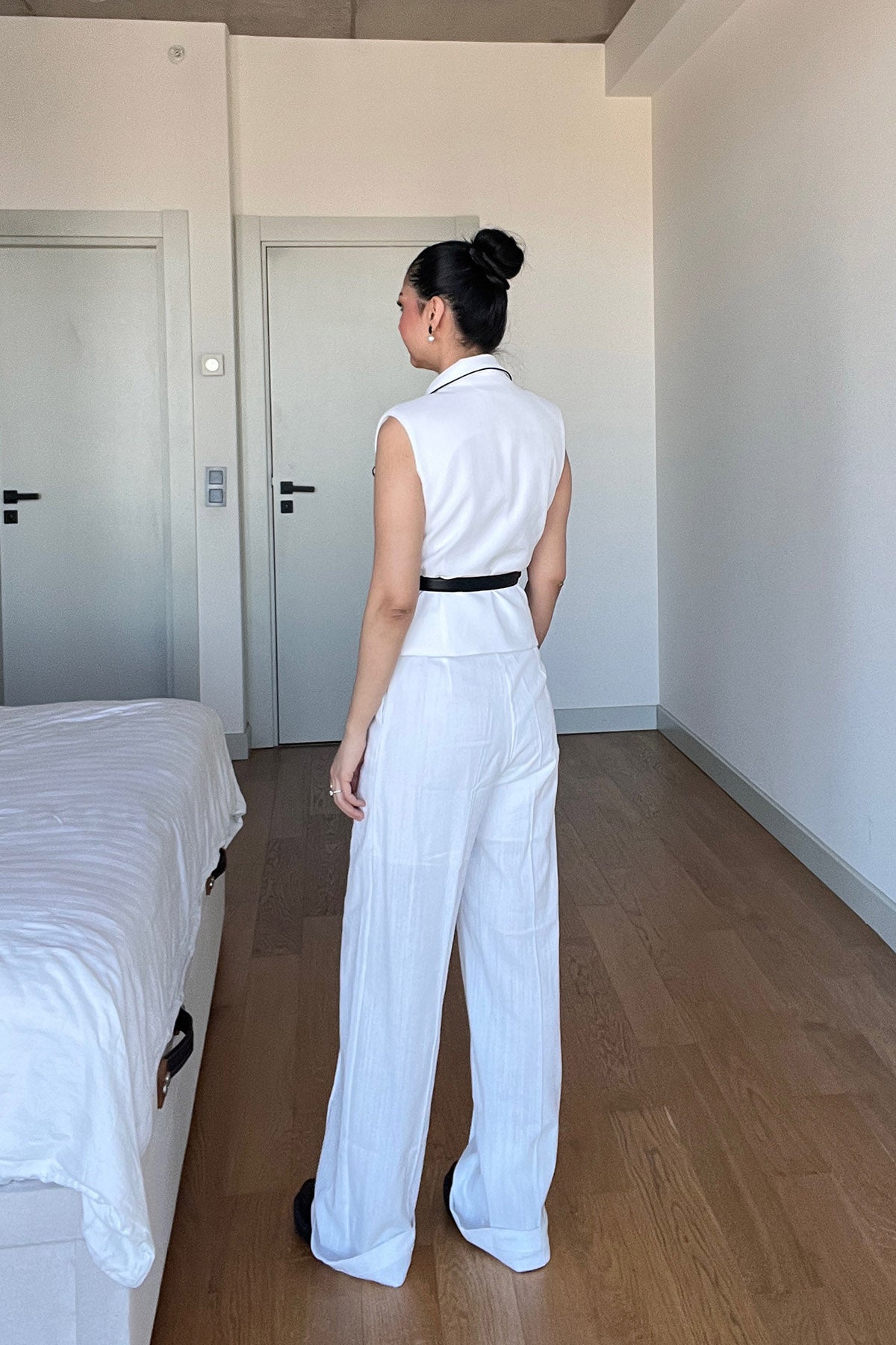 Ekru Keten Biyeli Yelek Ve Pantolon Takım SY-3021-Ekru