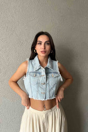 Mavi Kar Yıkamalı Yırtık Detaylı Crop Jean Yelek SY-2004-Mavi