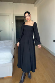 Siyah Zernes Balon Kol Midi Elbise SY-2673-Siyah