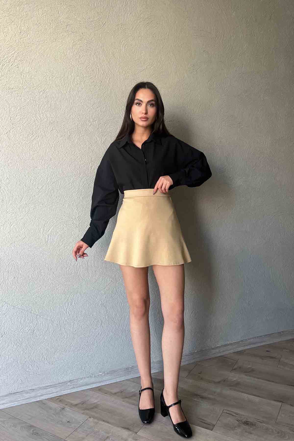 Vizon Volanlı Mini Etek SY-1930-Vizon