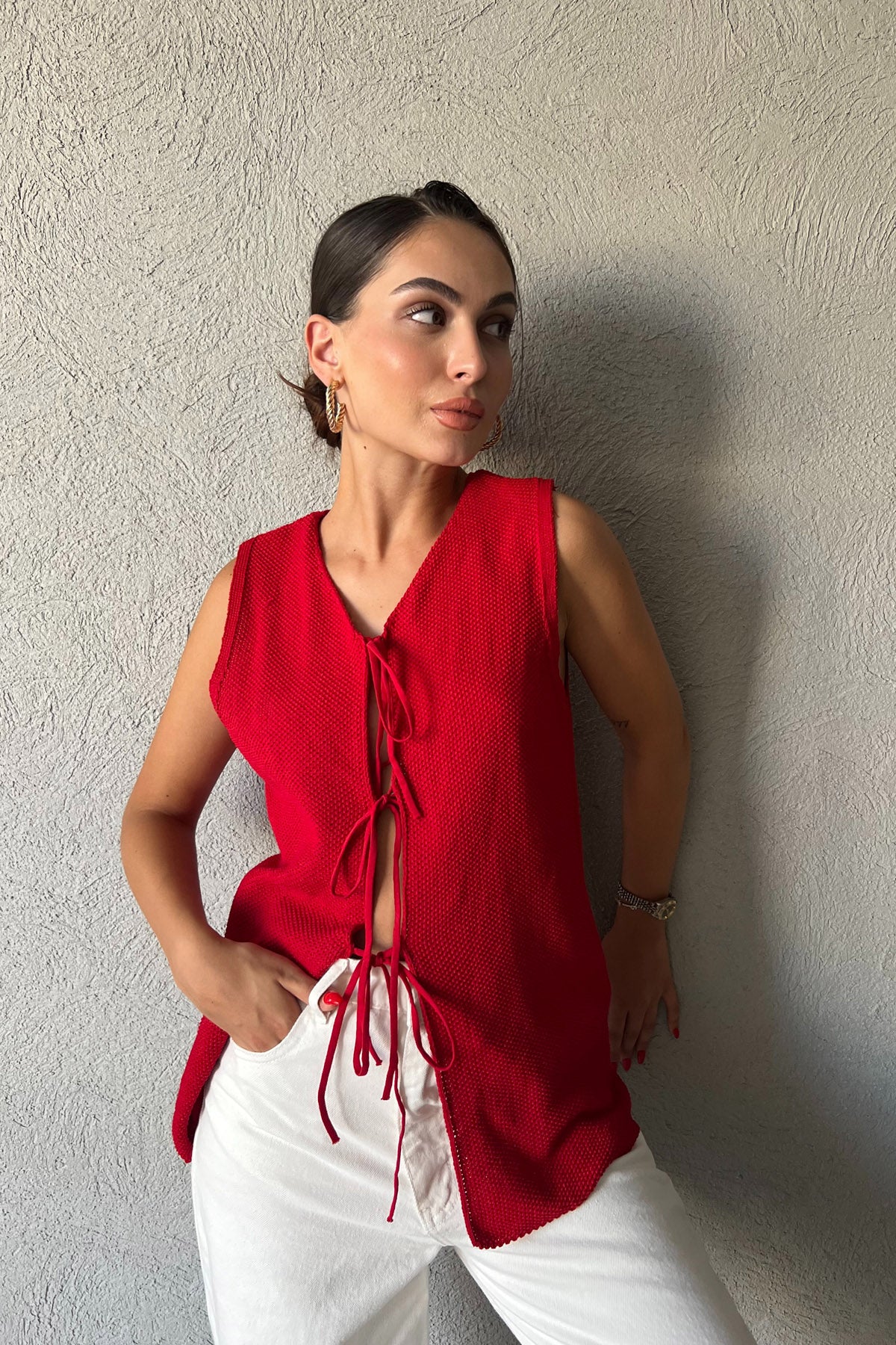 Kırmızı Bağcıklı Triko Yelek SY-2367-Kırmızı