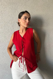 Kırmızı Bağcıklı Triko Yelek SY-2367-Kırmızı