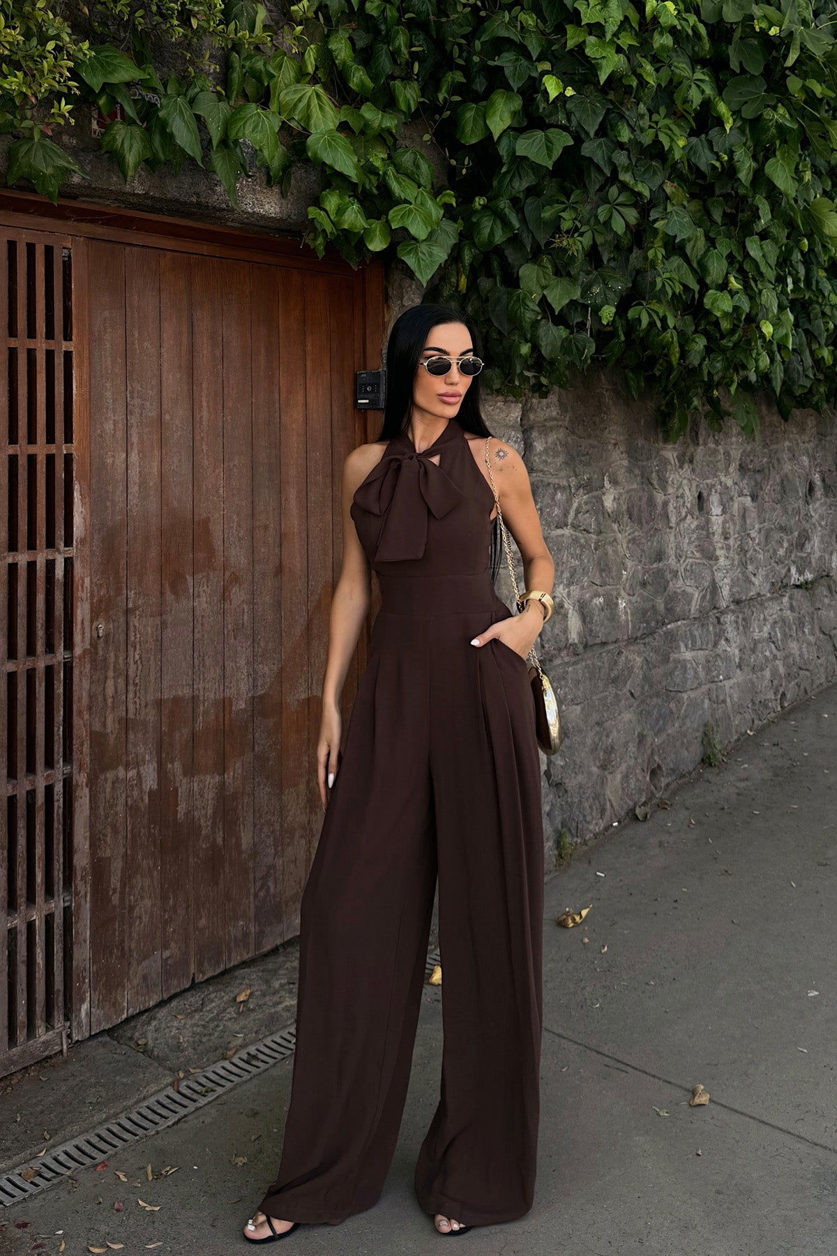 Kahve Rahat Kesim Bağlama Detaylı Tulum SY-3197-Kahve