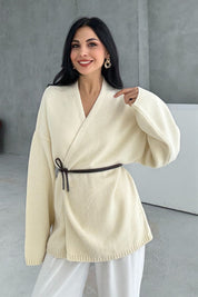 Krem Deri Kemerli Triko Hırka SY-3405-Krem