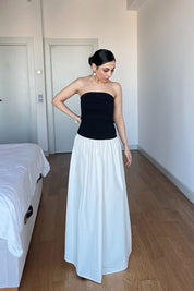 Beyaz Poplin Üstü Siyah Straplez Uzun Elbise SY-3019-Siyah