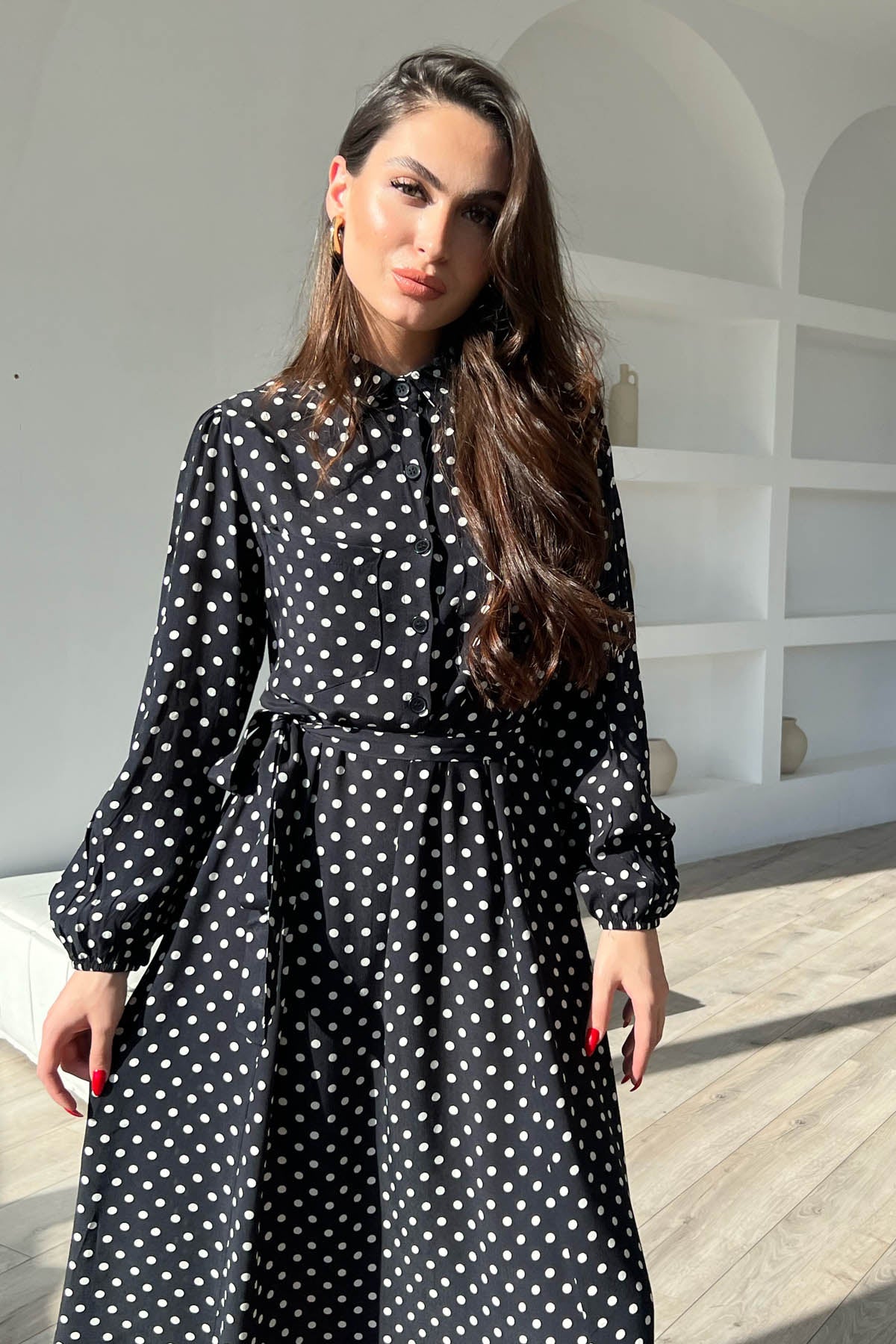 Siyah Puantiyeli Önü Düğmeli Kemer Detaylı Uzun Elbise SY-1585-Siyah