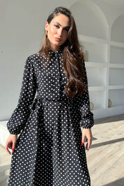 Siyah Puantiyeli Önü Düğmeli Kemer Detaylı Uzun Elbise SY-1585-Siyah