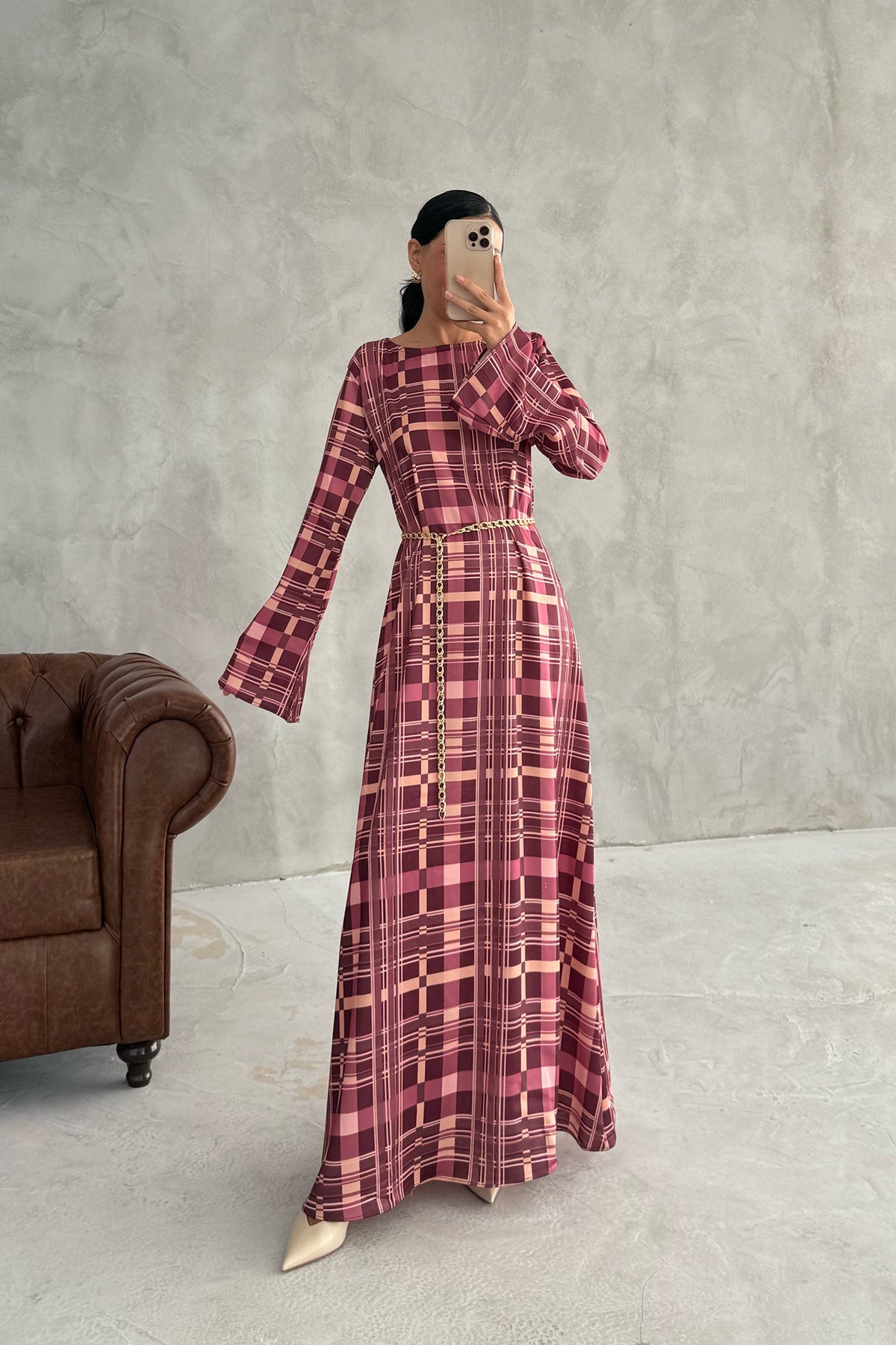 Ekoseli Zincir Kemer Detaylı Maxi Elbise SY-3365-Ekoseli