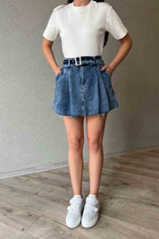 Mavi Pile Detaylı Cool Denim Etek SY-1887-Mavi