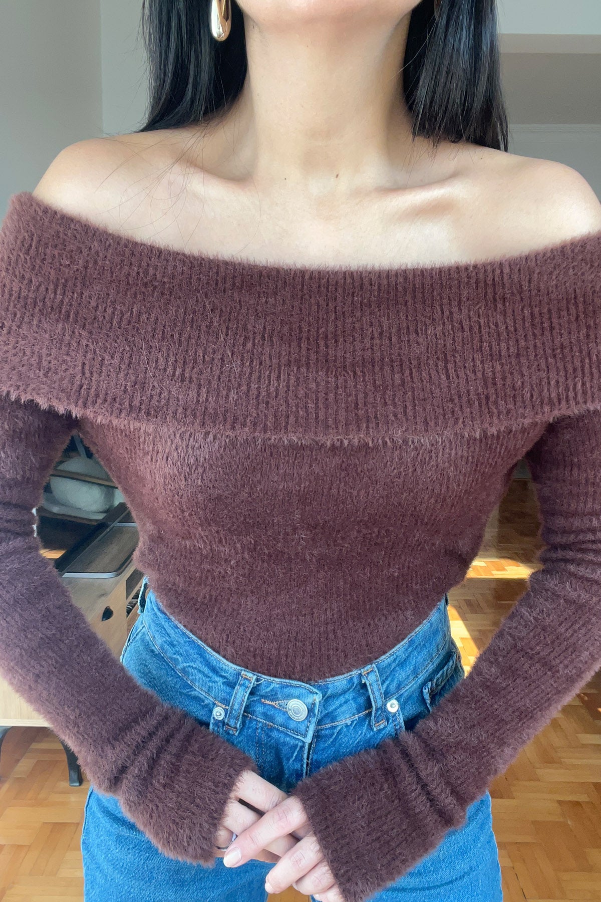 Kahve Madonna Yaka Yumoş Triko Kazak SY-2784-Kahve