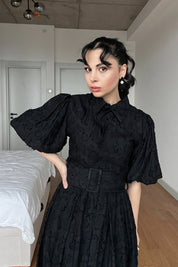 Siyah Venil Balon Kol Kemerli Kloş Elbise SY-2946-Siyah