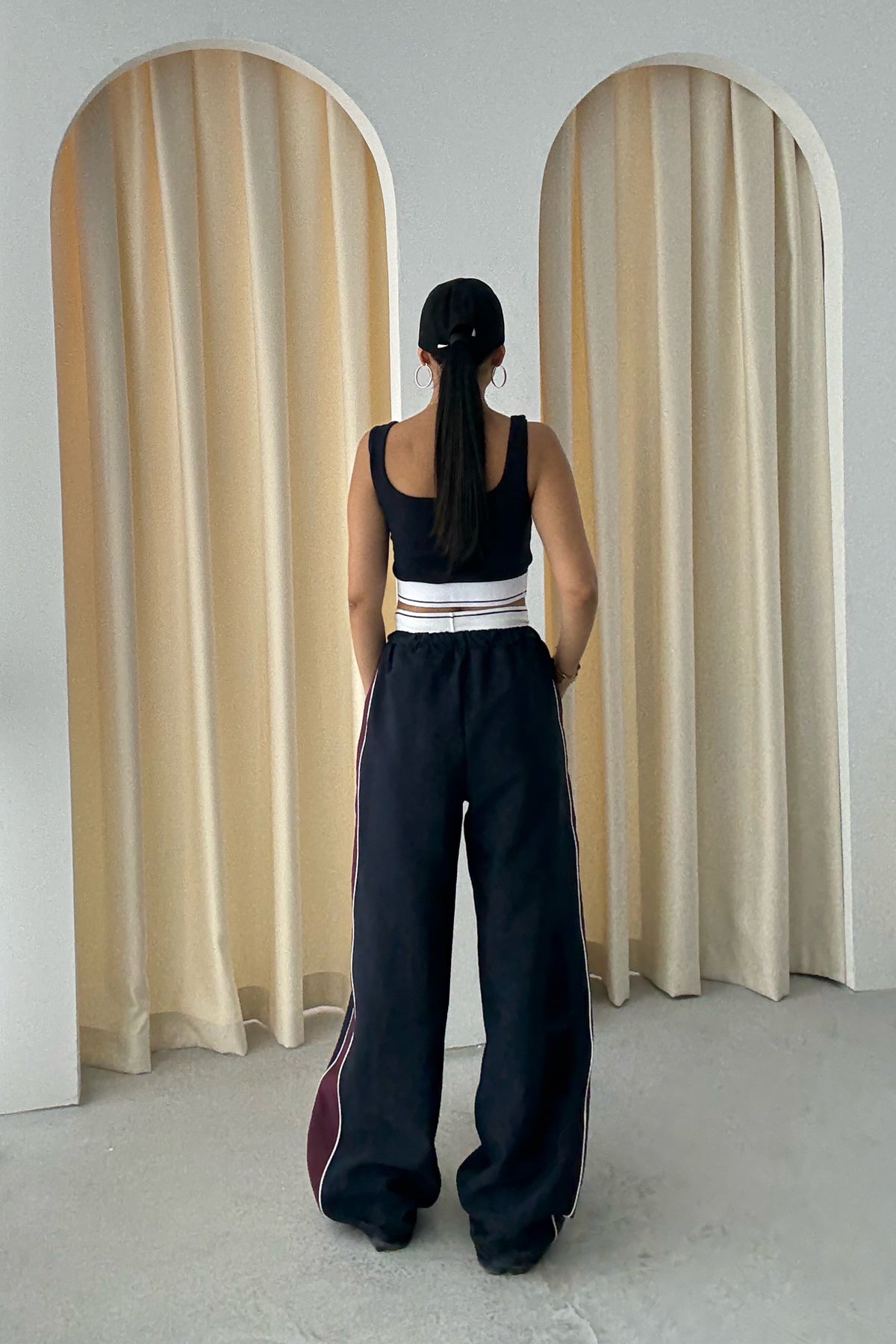 Lacivert Beli Ribanalı Şerit Detaylı Bol Paça Pantolon Bustiyer Takım SY-3319-Lacivert