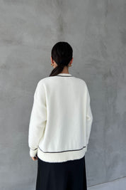 Ekru Siyah Çizgili Cepli Simli Hırka SY-2452-Ekru