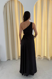 Siyah  Desenli Tek Kol Pencere Detaylı Elbise SY-3334-Siyah