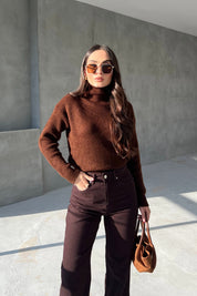 Acı Kahve Balıkçı Yaka Çizgili Kazak SY-2847-Acı Kahve