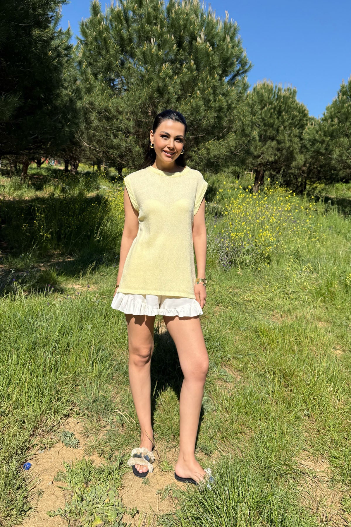 Sarı Sıfır Kol Triko Bluz SY-3127-Sarı