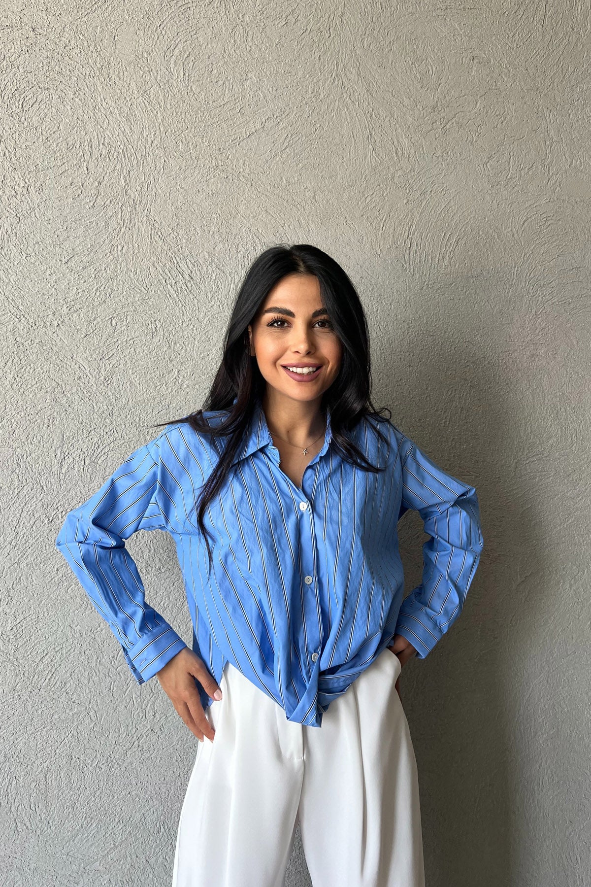 Mavi Çizgili Önü Tasarım Bağlamalı Gömlek SY-2046-Mavi