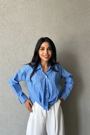 Mavi Çizgili Önü Tasarım Bağlamalı Gömlek SY-2046-Mavi