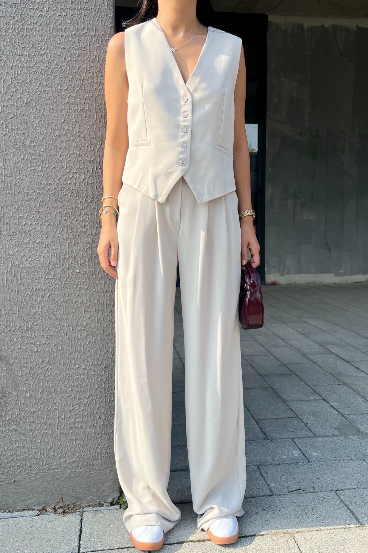 Taş Cep Detaylı Yelek Palazzo Pantolon Takım SY-2468-Taş