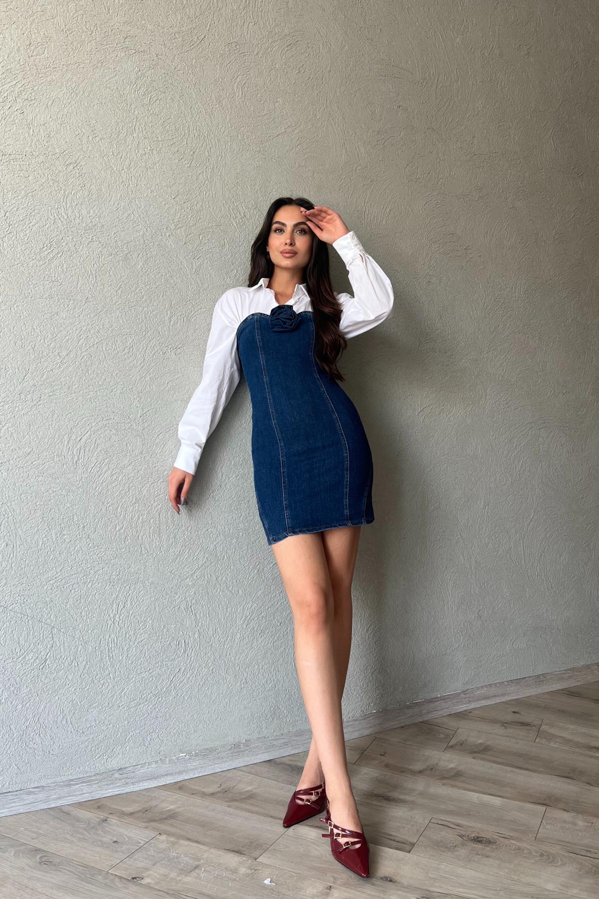 Koyu Mavi Straplez Gül Broş Detaylı Denim Elbise SY-1900- Koyu Mavi