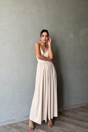 Bej İnce Askı Detaylı Bol Paça Modal Tulum SY-1980-Bej