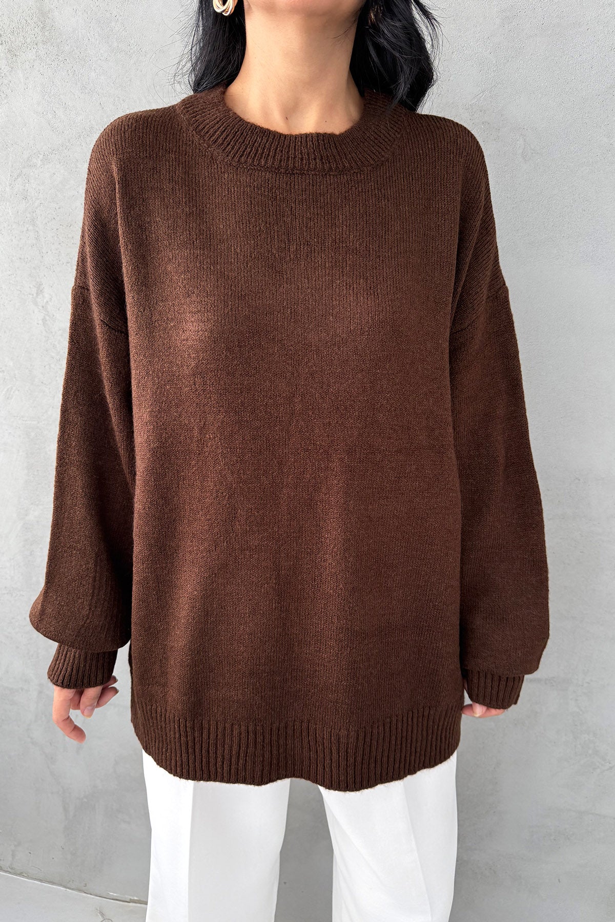 Kahve Bisiklet Yaka Lastikli Pinterest Triko Kazak SY-3368-Kahve