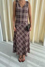 Kahve ZR Model Kalın Askılı Ekoseli Elbise SY-3346-Kahve