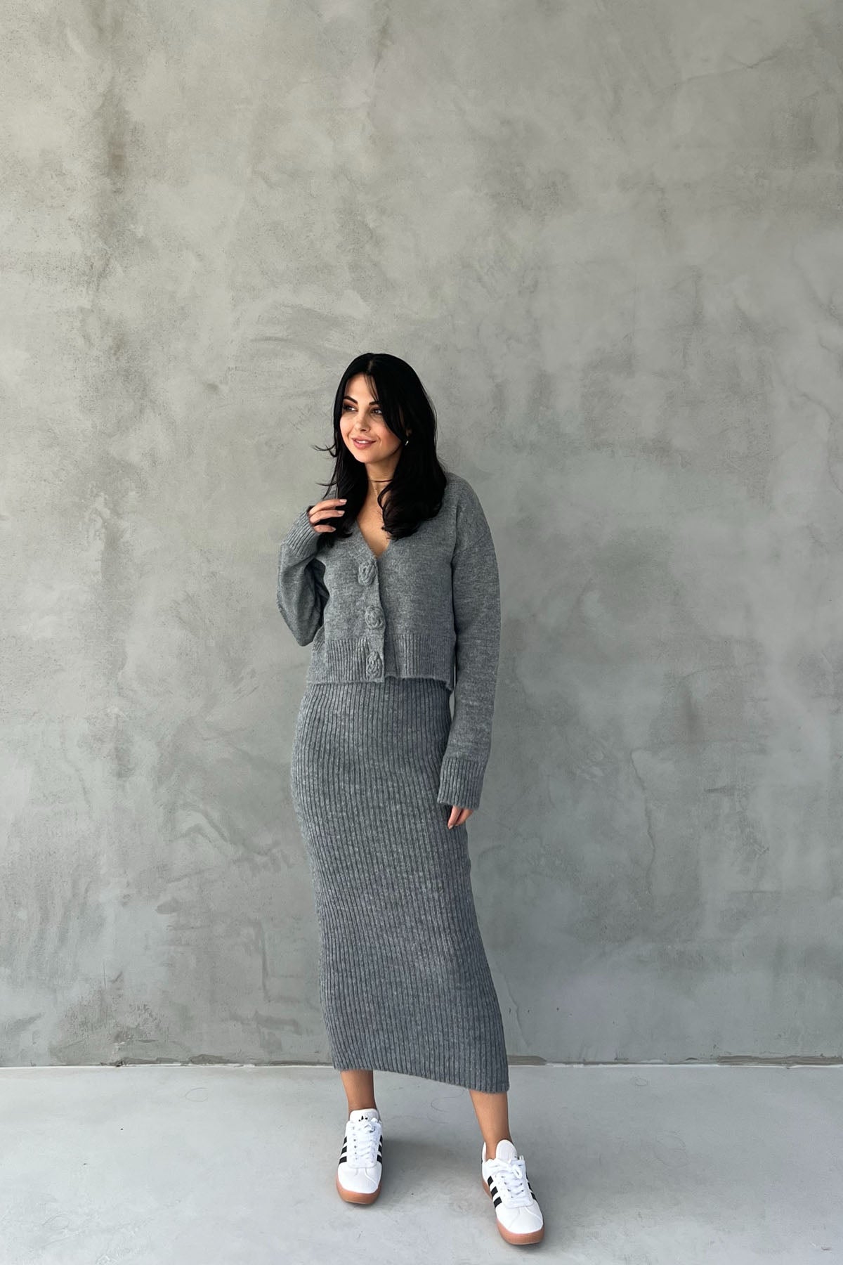 Gri Gül Detaylı Hırka Elbise İkili Takım SY-2448-Gri