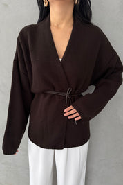 Kahve Deri Kemerli Triko Hırka SY-3405-Kahve