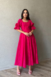 Fuşya Kolu Lastik Detaylı Güpür Detaylı Brode Elbise SY-2109-Fuşya