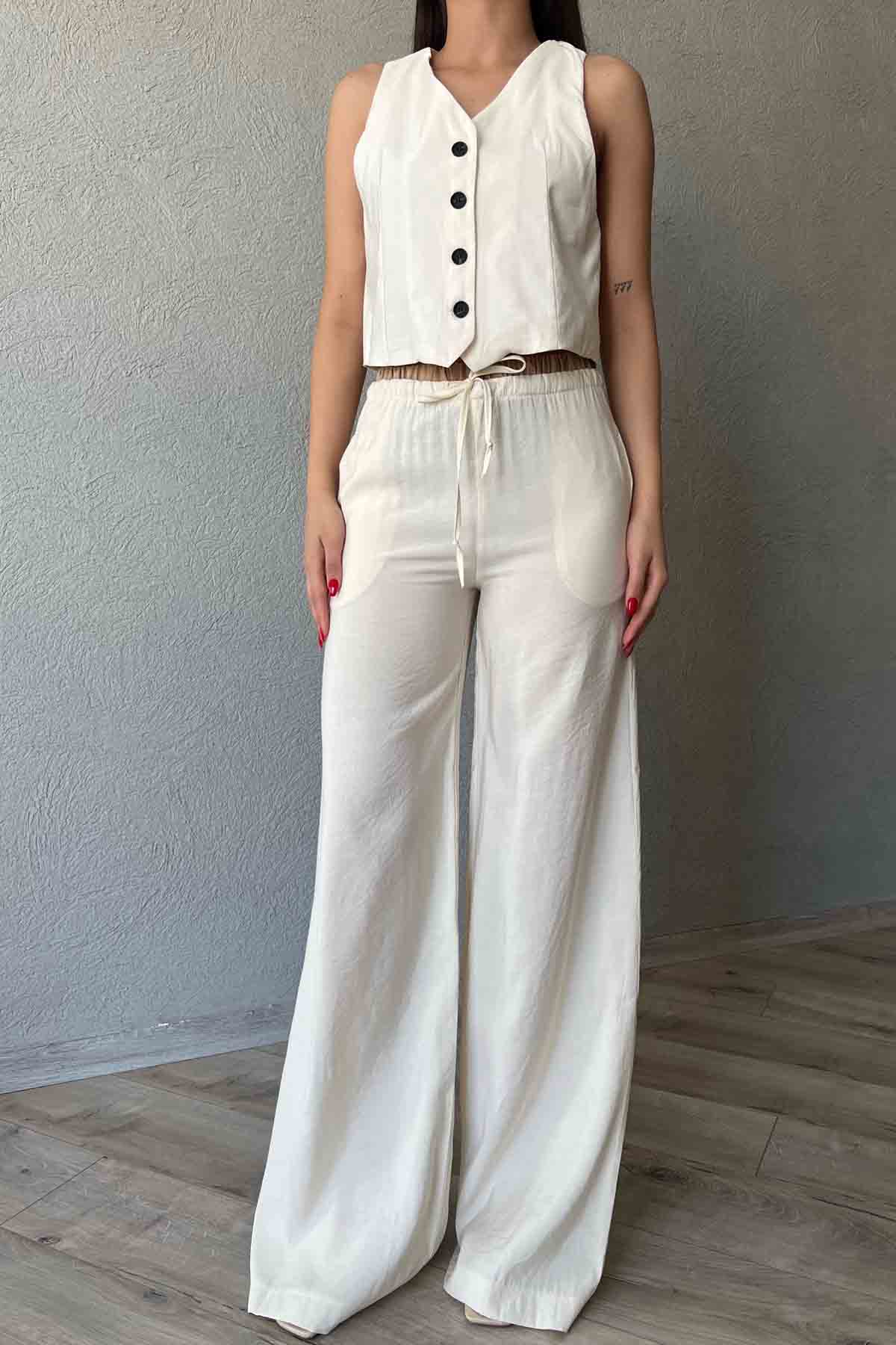 Ekru Yelek Beli Lastik Detaylı  Pantolon Takım SY-2019-Ekru