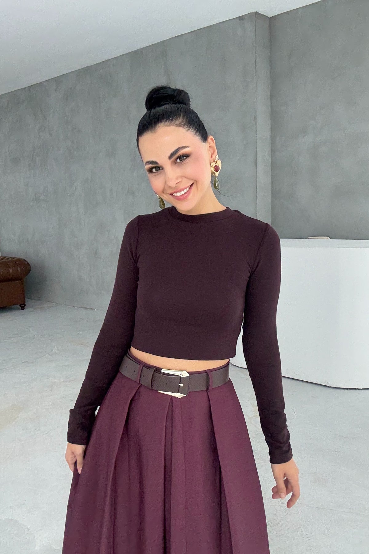 Mürdüm Kemer Detaylı Etek SY-3359-Mürdüm